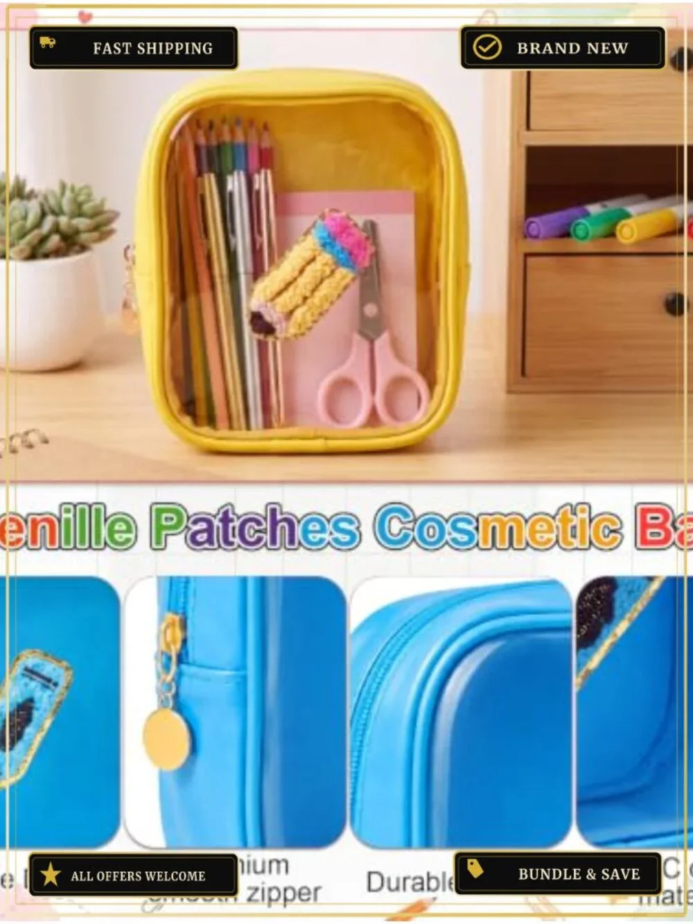 Clear PVC Cosmetic Pouch Set with Teacher Patches, 12 Pack, Waterproof Travel